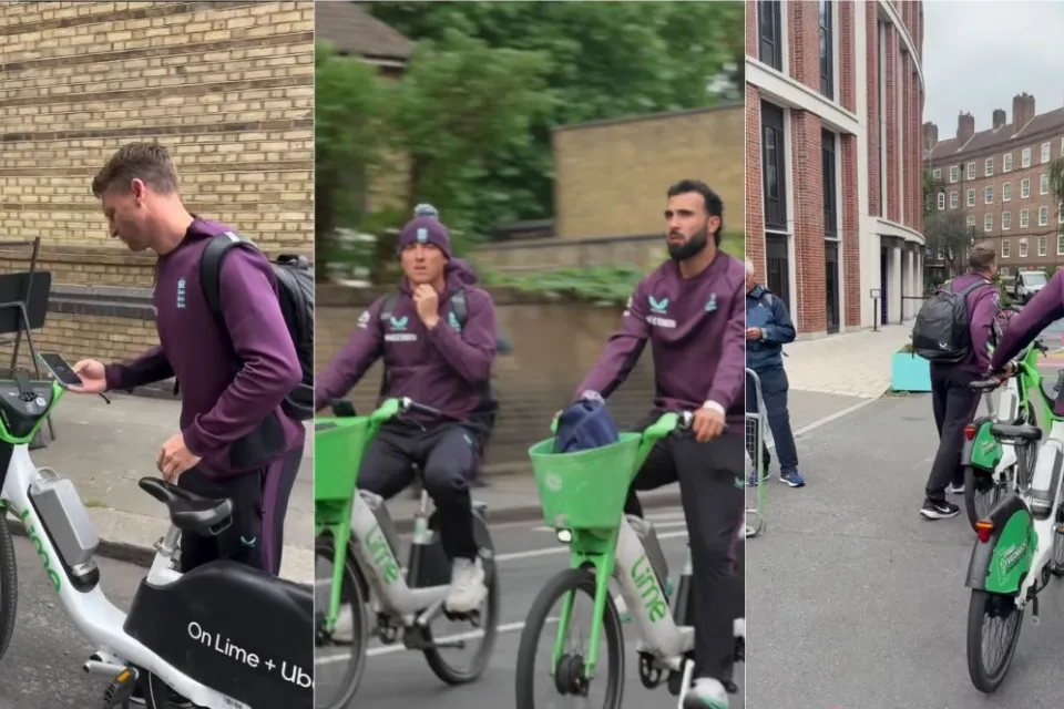Collage of three photos of Team England cricket players taking green Lime bike share bikes to a game.